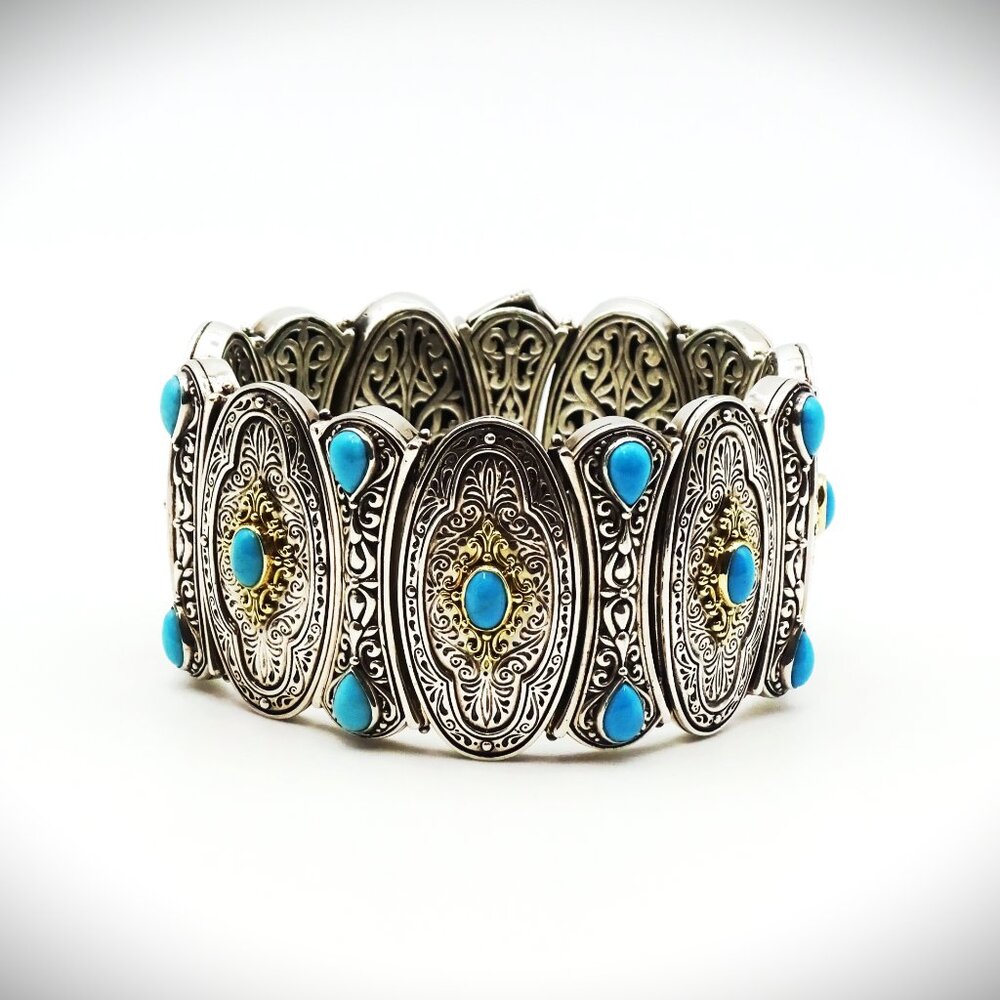 KONSTANTINO Sterling Silver 18K Gold Turquoise Wide Bangle Bracelet 149 Grams - Picture 4 of 15